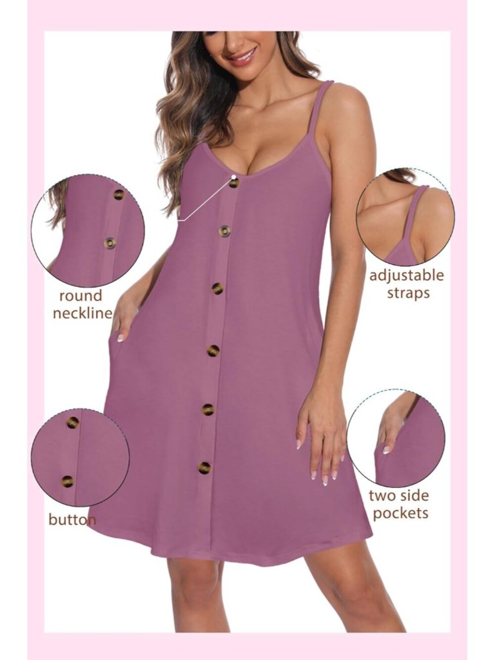 Women's Purple Summer Dresses Spaghetti Strap Button Down V Neck Sundress Beach - Picture 6 of 7